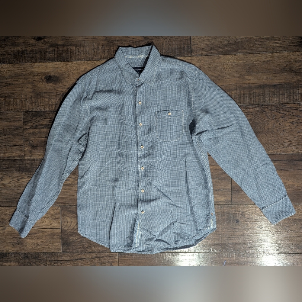 Tommy Bahama Mens Linen Blend Blue & White Check Long Sleeve Button Down Size L